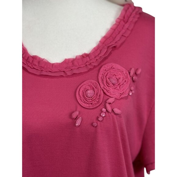 NEW Women Pink Short Sleeve Blouse Floral Cotton Ruffle Boho Romantic Casual Top - Picture 4 of 6
